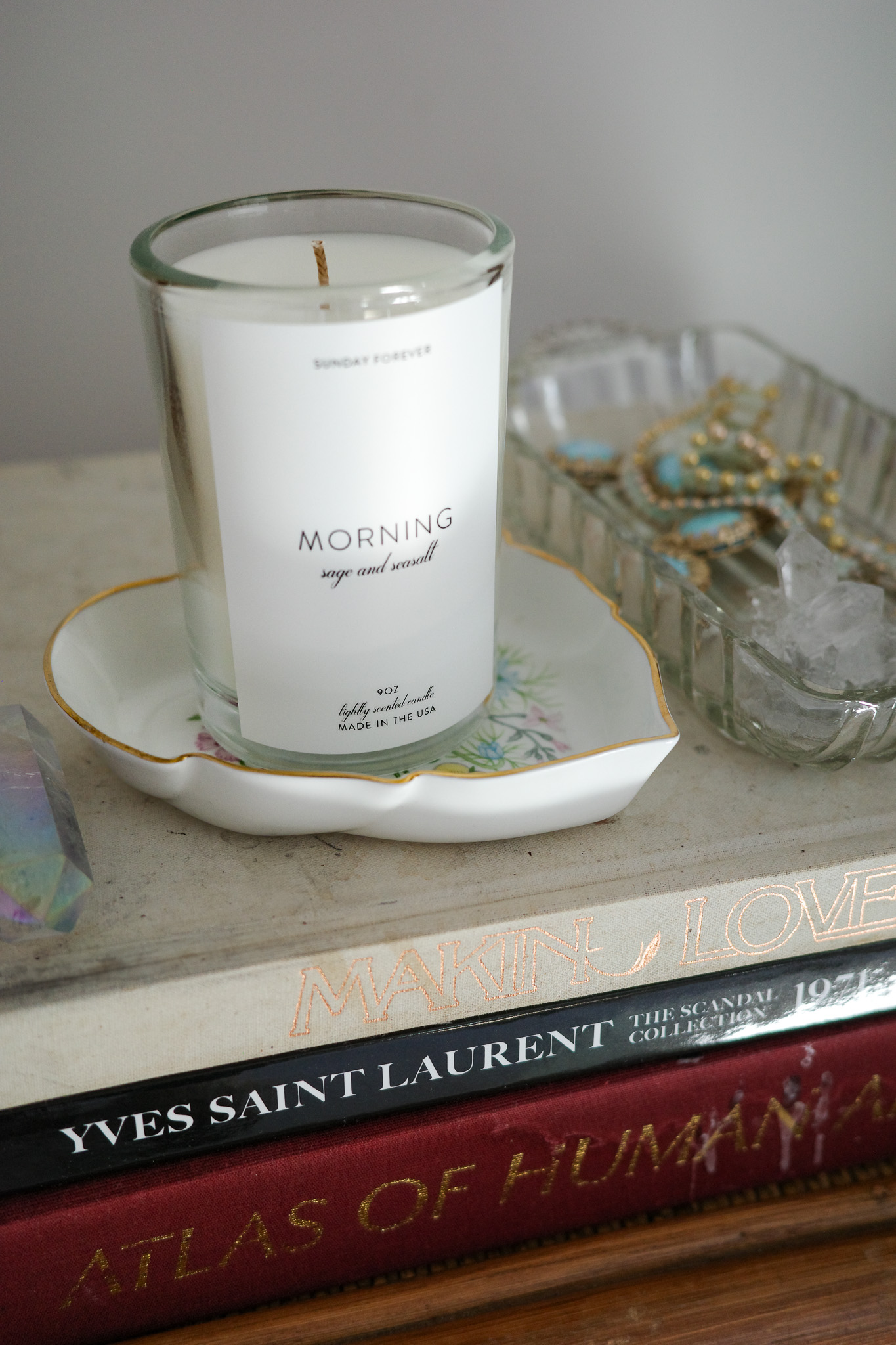 A Sunday Forever candle and jewelry